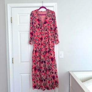 Womens Casual Floral Deep V Neck Long Sleeve Maxi Dress
